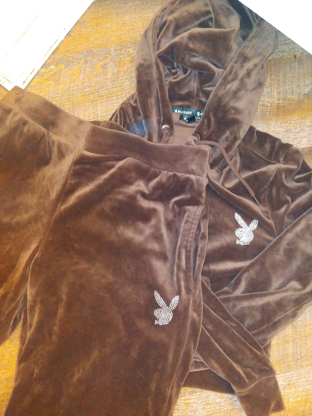 Womans Brown Velour Hoodie & Jogger Set with Embellished Bunny
